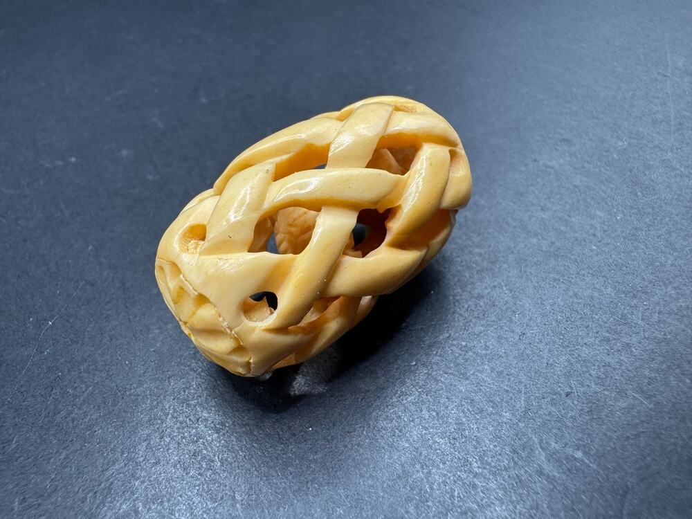 Vintage Barrel Open Weave Cross w/ Frog Couple Hand Carved Bead 38.2mm